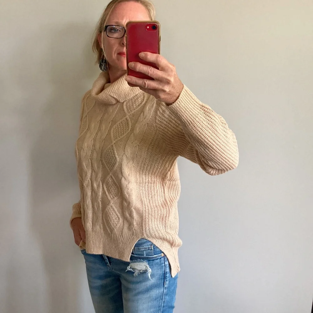 Tan Color Cable Knit Cowlneck Sweater - Picture 7 of 10